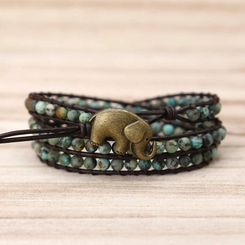 Vintage Elephant Button Leather Bracelet with Natural Stone Turquoises