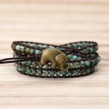 Vintage Elephant Button Leather Bracelet with Natural Stone Turquoises