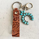 Vintage Embossed Cowhide Keychain Turquoise Pumpkin Flower Pendant