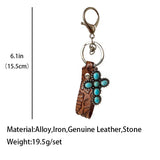 Vintage Embossed Cowhide Keychain Turquoise Pumpkin Flower Pendant