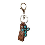 Vintage Embossed Cowhide Keychain Turquoise Pumpkin Flower Pendant