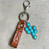 Vintage Embossed Cowhide Keychain Turquoise Pumpkin Flower Pendant