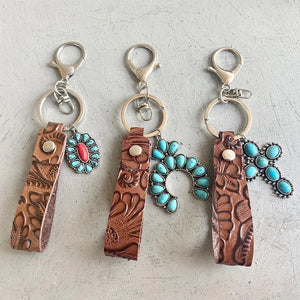 Vintage Embossed Cowhide Keychain Turquoise Pumpkin Flower Pendant