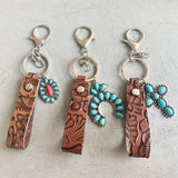Vintage Embossed Cowhide Keychain Turquoise Pumpkin Flower Pendant