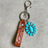 Vintage Embossed Cowhide Keychain Turquoise Pumpkin Flower Pendant