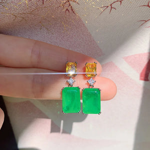 Vintage Emerald Earrings 925 Silver Square Colored Zircon Paraiba Stud Earrings