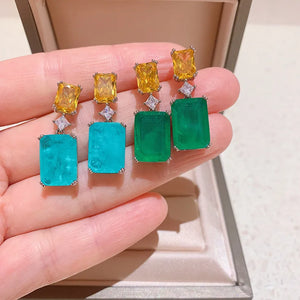 Vintage Emerald Earrings 925 Silver Square Colored Zircon Paraiba Stud Earrings