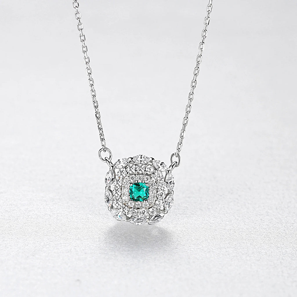 Vintage Emerald Gemstone Pendant Flower Zircon Necklace