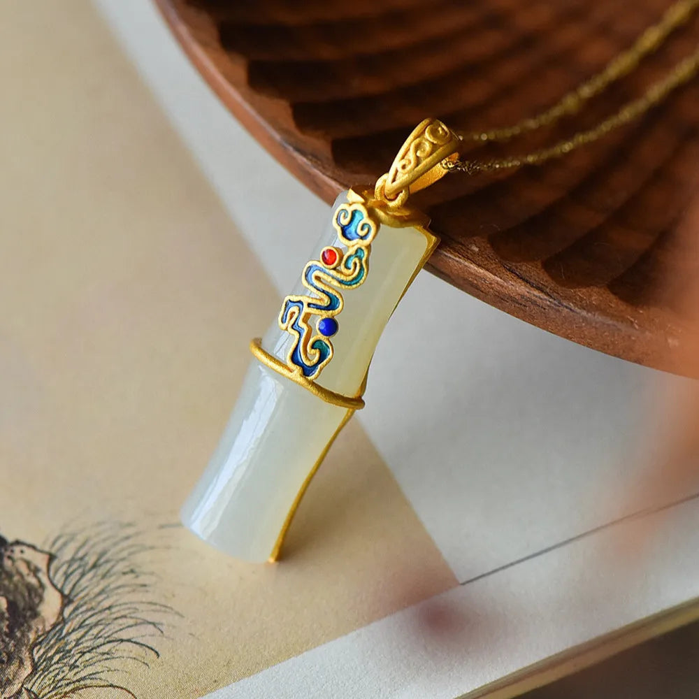 Enamel Bamboo Clouds Jade Pendant Necklace 18k Filled Chain