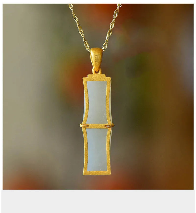Enamel Bamboo Clouds Jade Pendant Necklace 18k Filled Chain