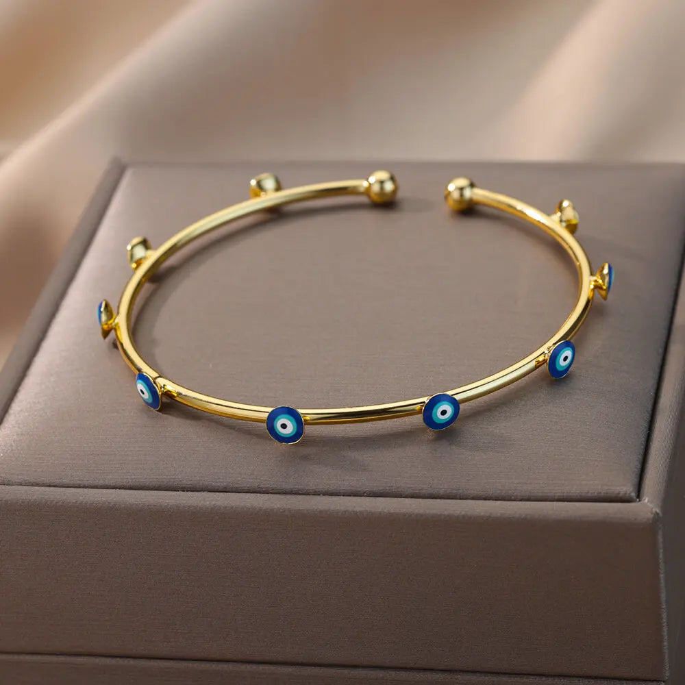 Vintage Enamel Evil Eye Bracelet Stainless Steel Cuff Bangle