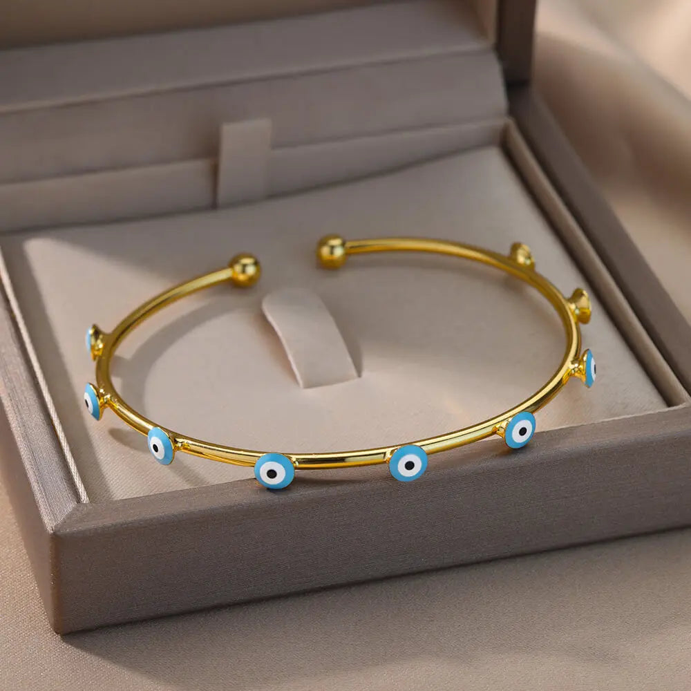 Vintage Enamel Evil Eye Bracelet Stainless Steel Cuff Bangle