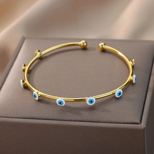 Vintage Enamel Evil Eye Bracelet Stainless Steel Cuff Bangle