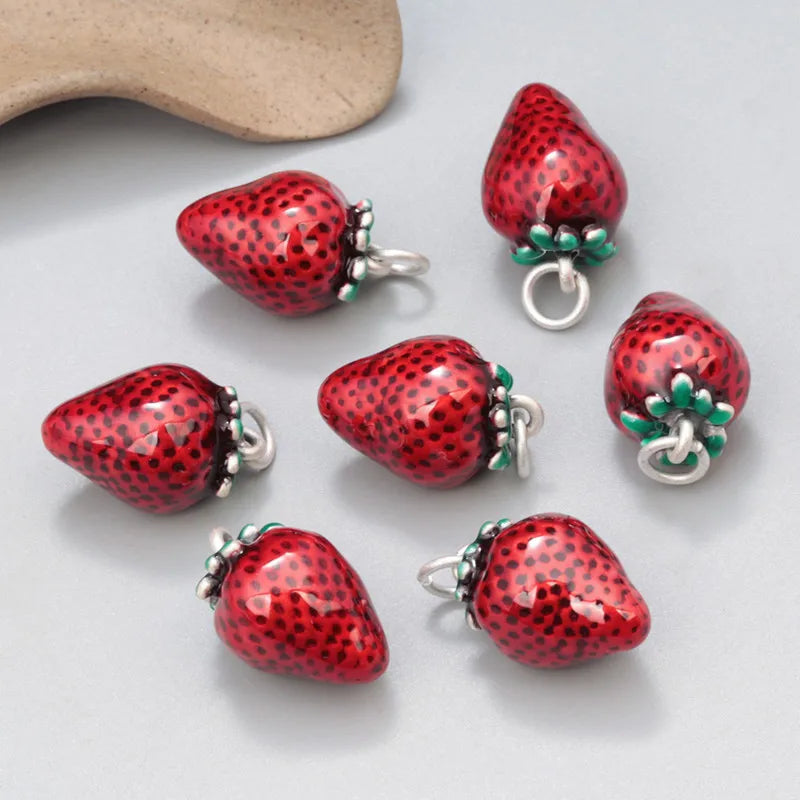 Enamel Red Strawberry Pendant 925 Sterling Silver for Jewelry Making