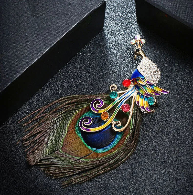 Vintage Enamel Rhinestone Tassel Peacock Feather Brooch for Women