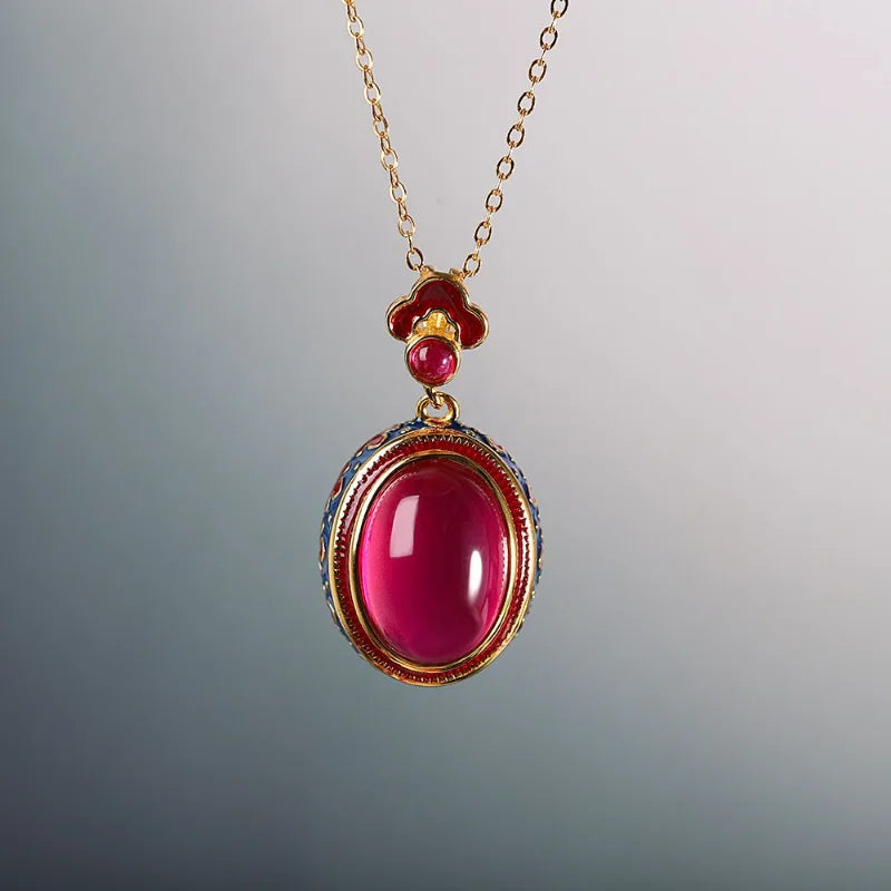 Vintage Enamel Clouds Pendant Natural Carnelian Oval Necklace