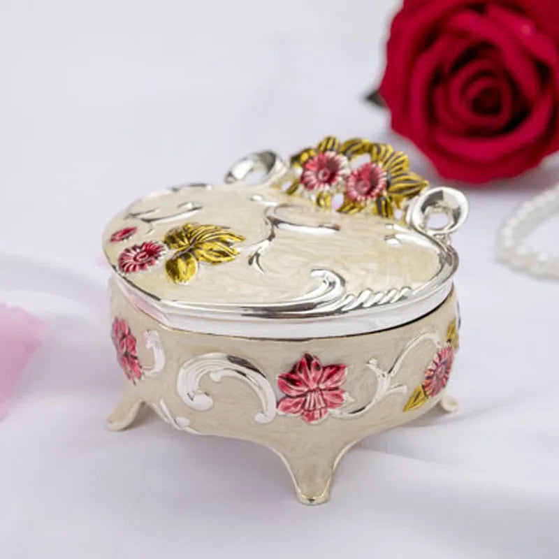 Vintage Heart-shaped Trinket Box with Red Flower