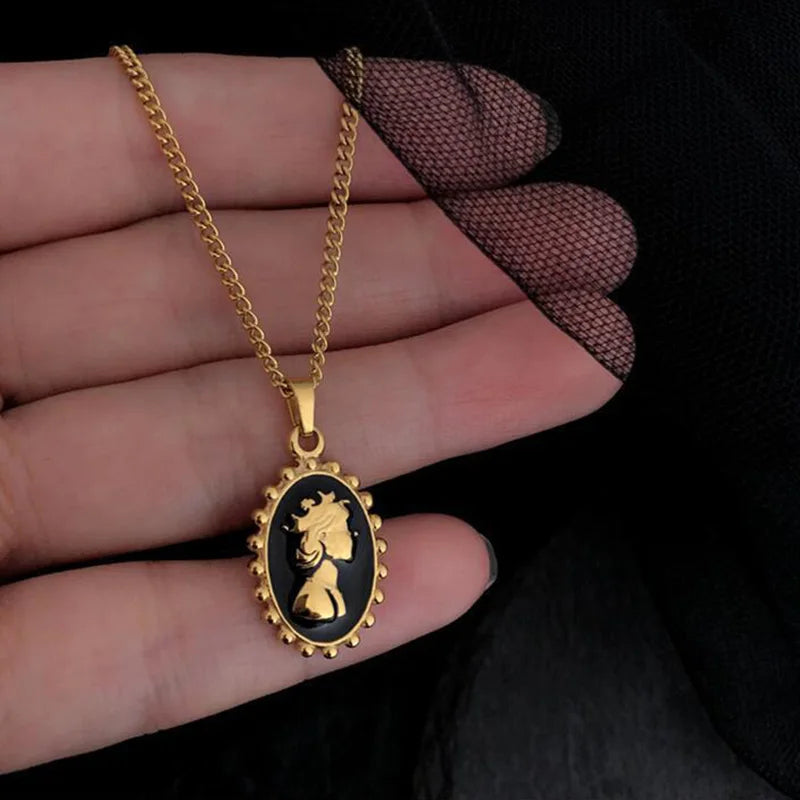 Vintage Epoxy Enamel Elizabeth Queen Pendant Necklace