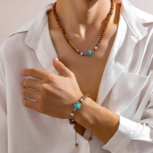 Ethnic Brown Wood Beads Clavicle Necklace with Turtle Pendant
