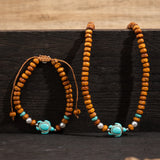 Ethnic Brown Wood Beads Clavicle Necklace with Turtle Pendant