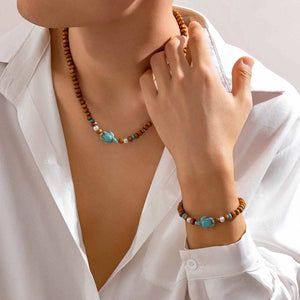 Ethnic Brown Wood Beads Clavicle Necklace with Turtle Pendant