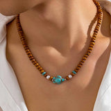 Ethnic Brown Wood Beads Clavicle Necklace with Turtle Pendant