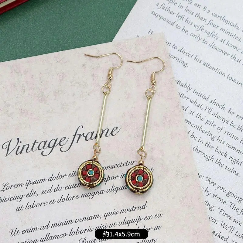 Vintage Ethnic Earrings Nepalese Tibetan Gemstone Retro Style Jewelry