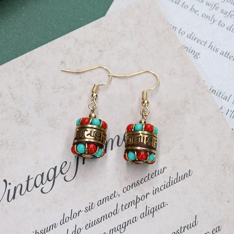 Vintage Ethnic Earrings Nepalese Tibetan Gemstone Retro Style Jewelry