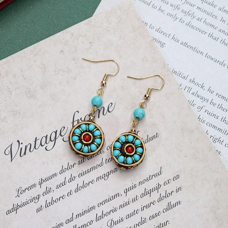 Vintage Ethnic Earrings Nepalese Tibetan Gemstone Retro Style Jewelry