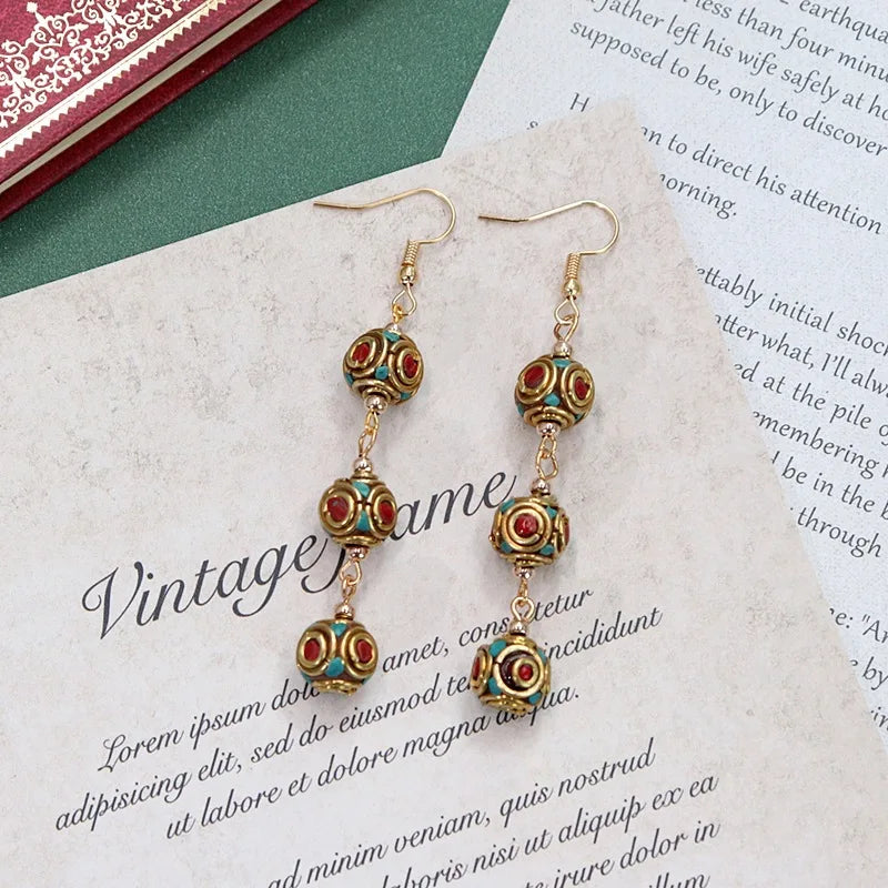 Vintage Ethnic Earrings Nepalese Tibetan Gemstone Retro Style Jewelry