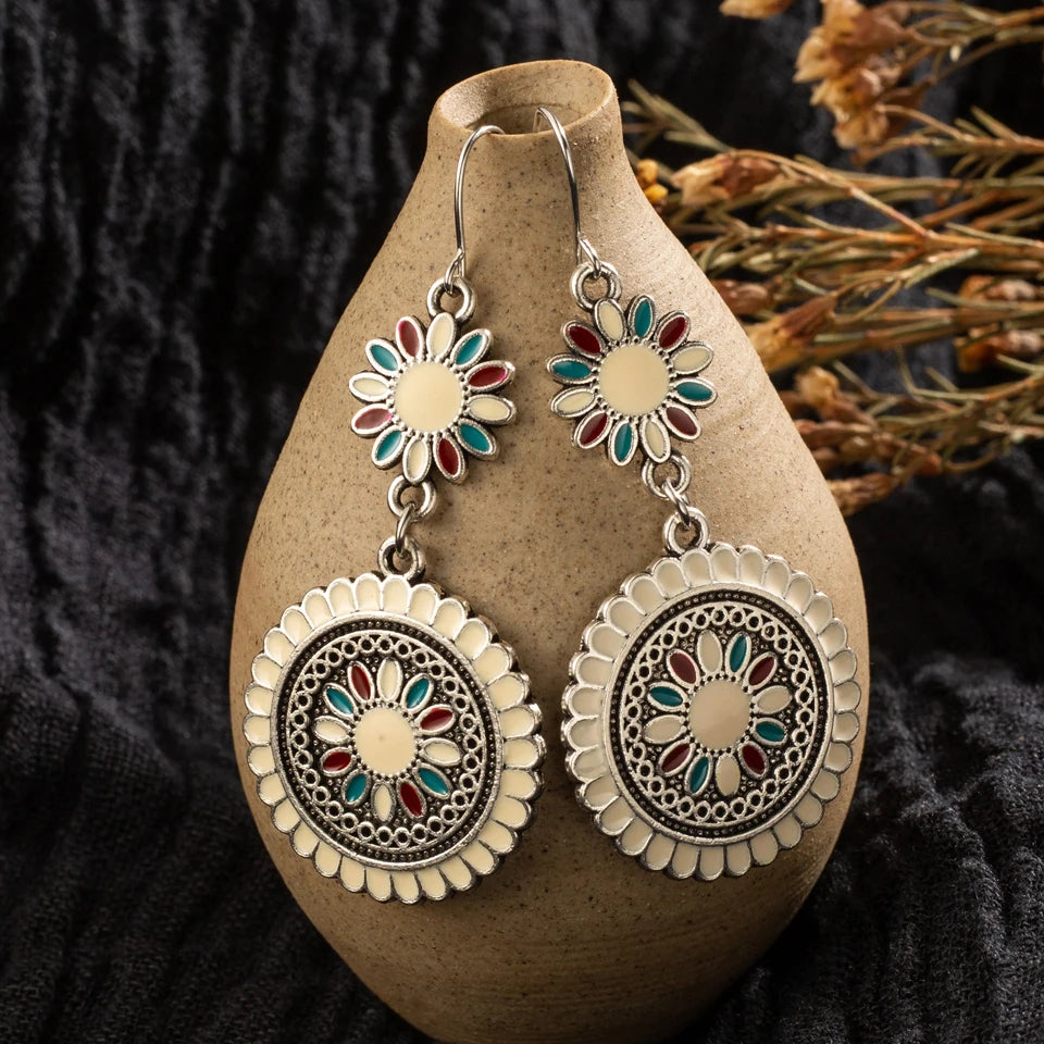Vintage Ethnic Flower Oil Drop Dangle Hanging Earrings for Women