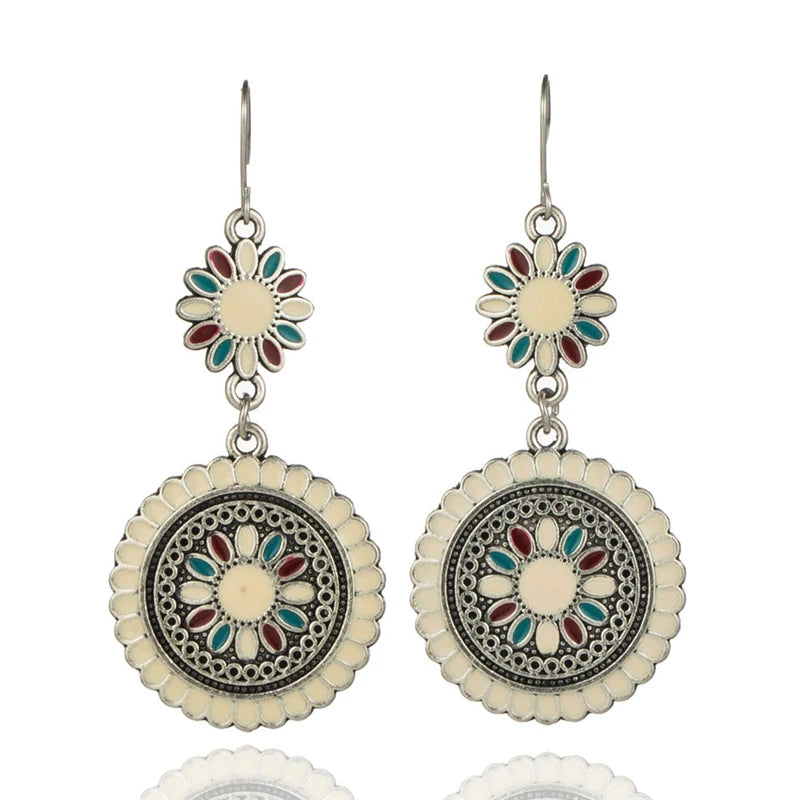 Vintage Ethnic Flower Oil Drop Dangle Hanging Earrings for Women