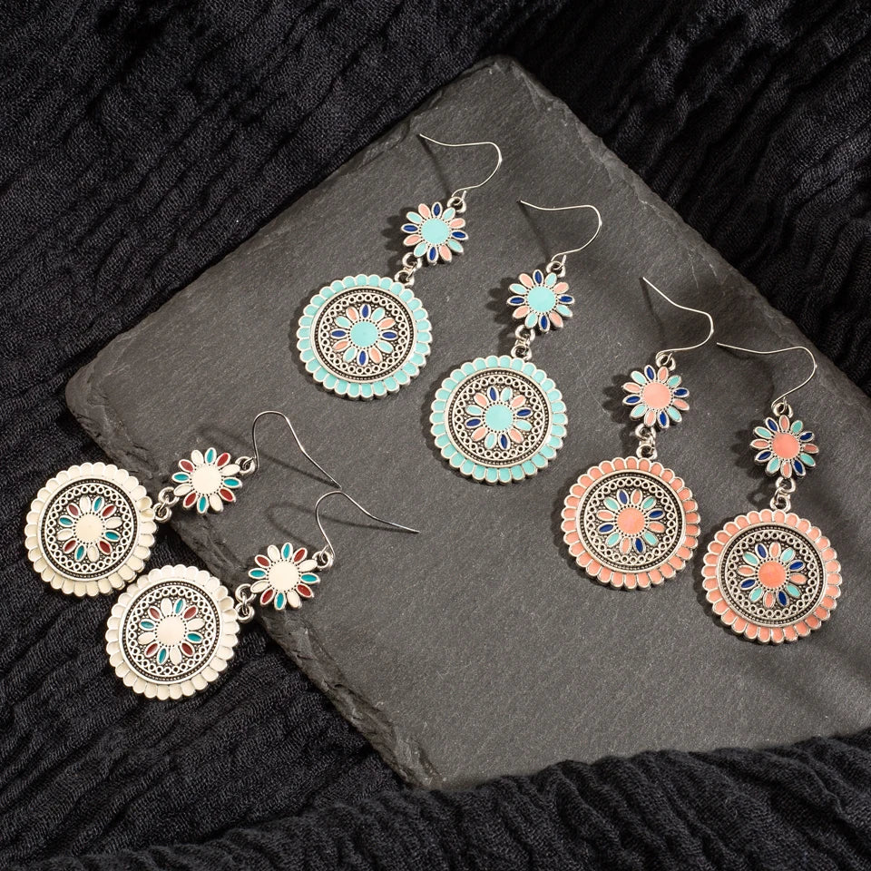 Vintage Ethnic Flower Oil Drop Dangle Hanging Earrings for Women