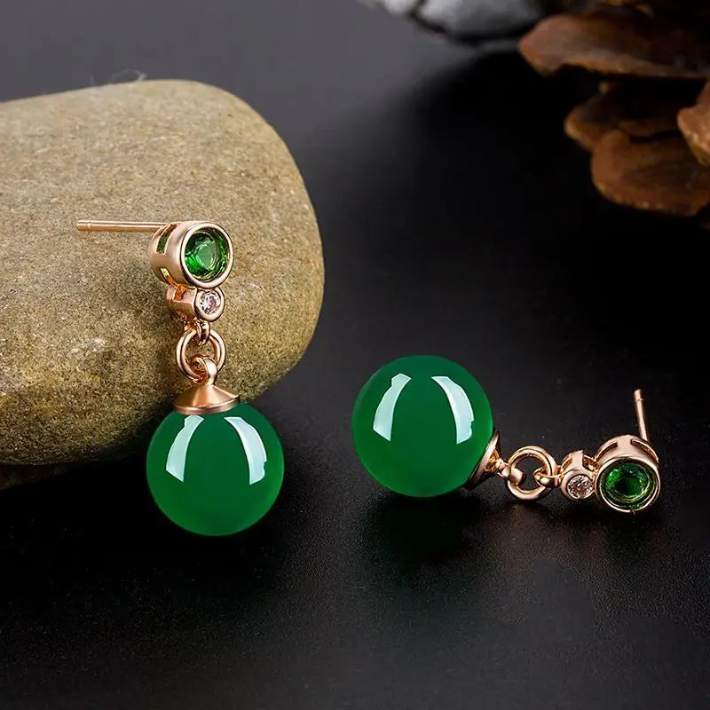 Vintage Ethnic Green Agate Drop Earrings for Women