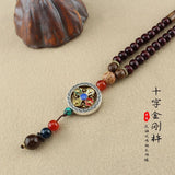 Vintage Nepal Cross Vajra Pestle Necklace Ethnic Wooden Buddha Beads Jewelry