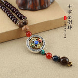Vintage Nepal Cross Vajra Pestle Necklace Ethnic Wooden Buddha Beads Jewelry