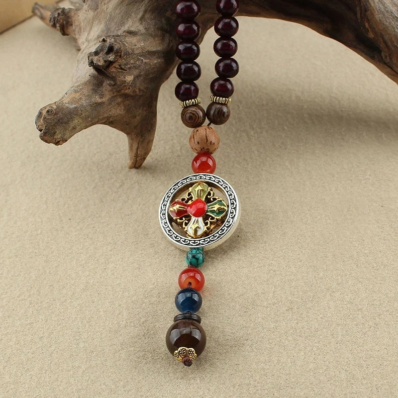 Vintage Nepal Cross Vajra Pestle Necklace Ethnic Wooden Buddha Beads Jewelry