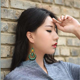 Vintage Ethnic Green Agate Stud Earrings Long Dangle Lady Earrings Party Jewelry