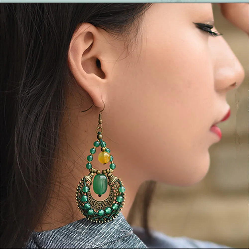 Vintage Ethnic Green Agate Stud Earrings Long Dangle Lady Earrings Party Jewelry