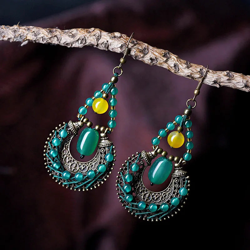 Vintage Ethnic Green Agate Stud Earrings Long Dangle Lady Earrings Party Jewelry