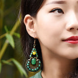 Vintage Ethnic Green Agate Stud Earrings Long Dangle Lady Earrings Party Jewelry