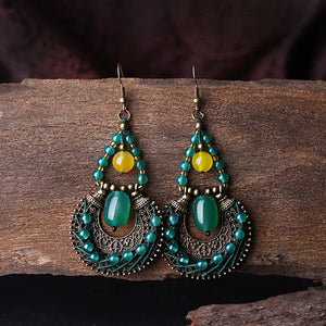 Vintage Ethnic Green Agate Stud Earrings Long Dangle Lady Earrings Party Jewelry