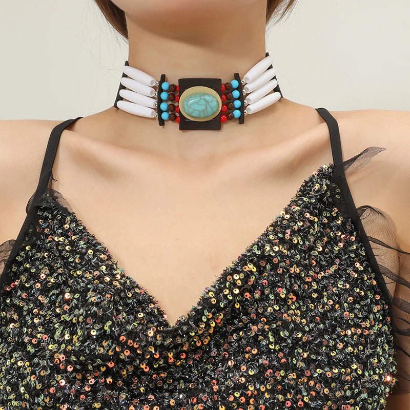 Vintage Ethnic Turquoises Choker Necklace Bohemian Bead Statement Necklace