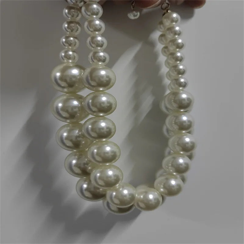 Vintage Big Pearl Beads Chain Double Layer Choker Necklace