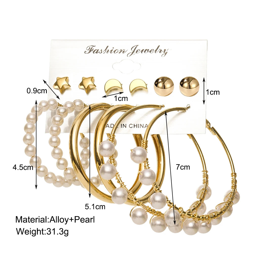 Vintage Big Pearl Dangle Earrings Heart Circle Drop Set Jewelry