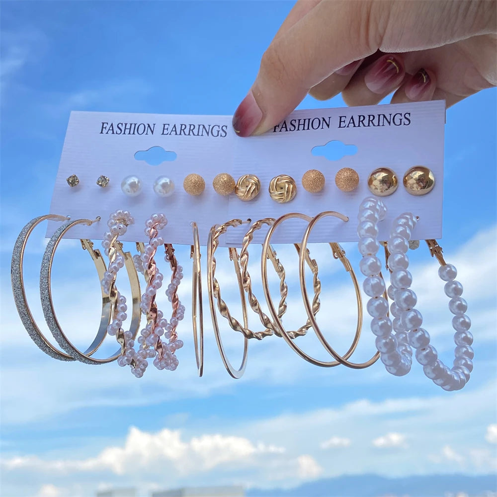 Vintage Big Pearl Dangle Earrings Heart Circle Drop Set Jewelry