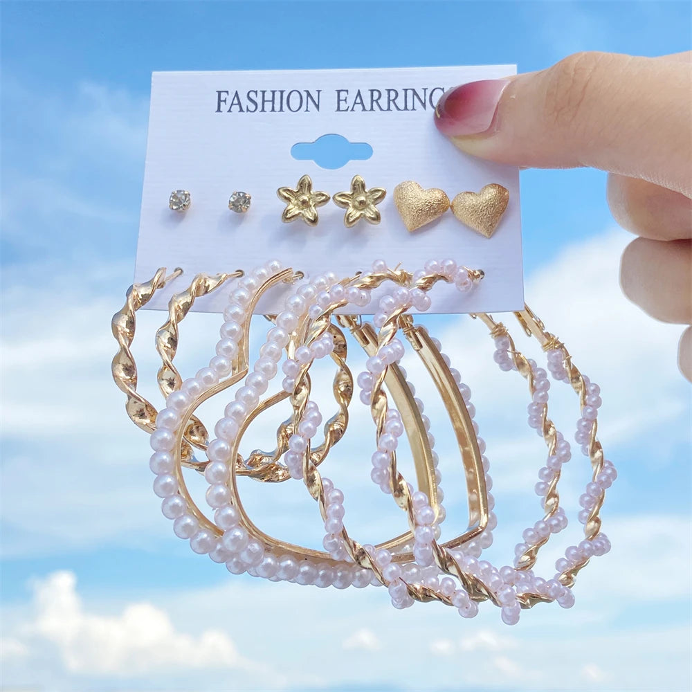 Vintage Big Pearl Dangle Earrings Heart Circle Drop Set Jewelry