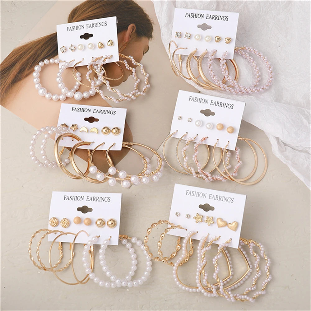 Vintage Big Pearl Dangle Earrings Heart Circle Drop Set Jewelry