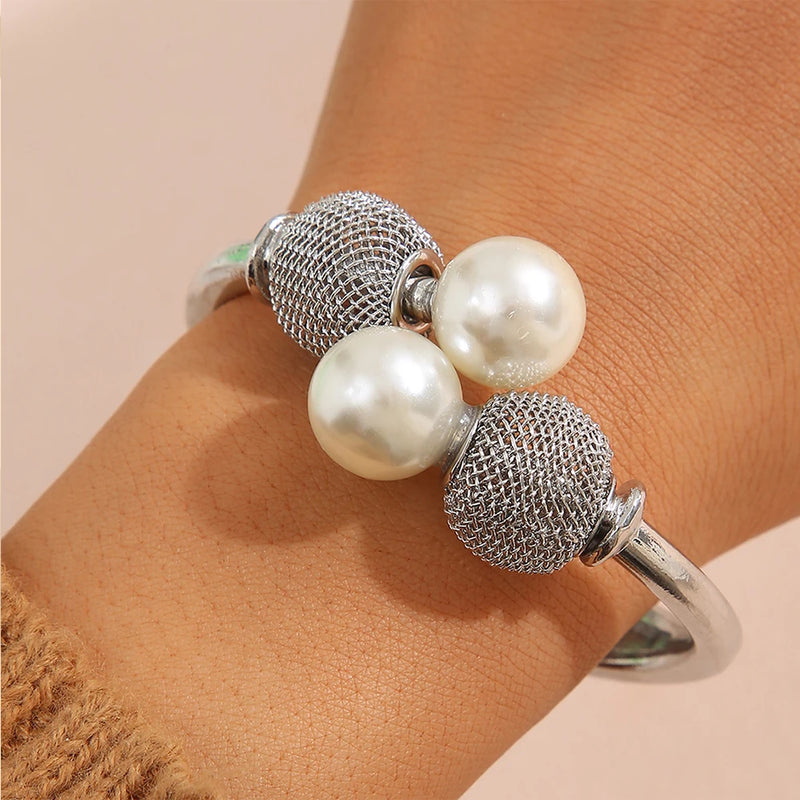 Vintage Metal Mesh Net Bracelet for Women Geometric Round Pearl Ball Cuff