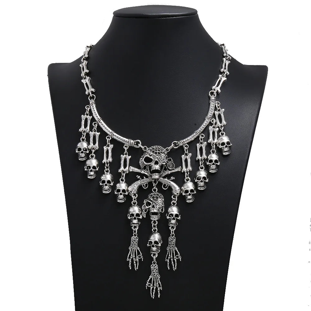 Vintage Skull Tassel Necklace Retro Gothic Chain Women Jewelry Halloween Cosplay